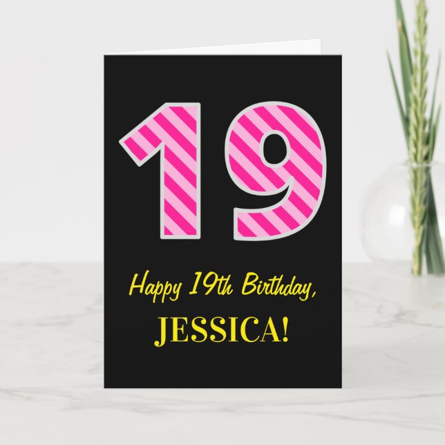 Fun Pink Striped "19"; Happy 19th Birthday; Name Card (Front)