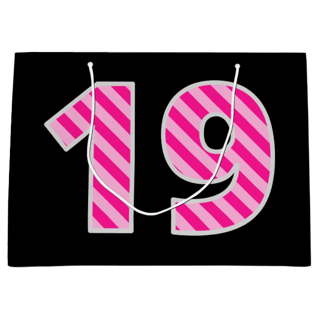 Fun Pink Striped "19"; Happy 19th Birthday; Name Large Gift Bag (Front)
