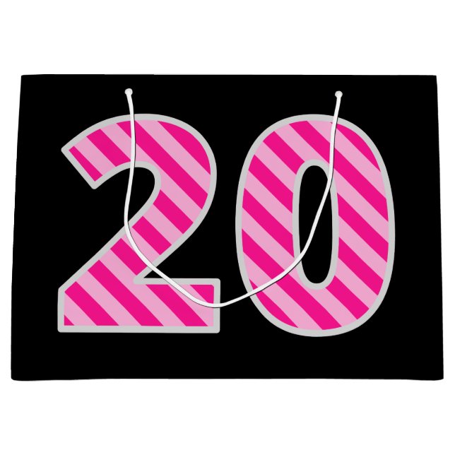 Fun Pink Striped "20"; Happy 20th Birthday; Name Large Gift Bag (Front)