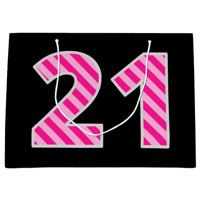 Fun Pink Striped "21"; Happy 21st Birthday; Name Large Gift Bag (Front)