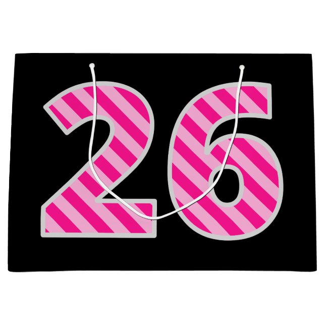 Fun Pink Striped "26"; Happy 26th Birthday; Name Large Gift Bag (Front)