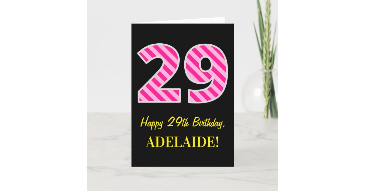 fun-pink-striped-29-happy-29th-birthday-name-card-zazzle