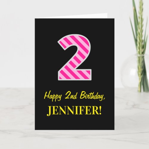 Fun Pink Striped 2 Happy 2nd Birthday Name Card