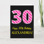 [ Thumbnail: Fun Pink Striped "30"; Happy 30th Birthday; Name Card ]