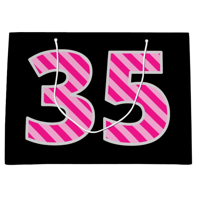 Fun Pink Striped "35"; Happy 35th Birthday; Name Large Gift Bag (Front)