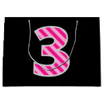 [ Thumbnail: Fun Pink Striped "3"; Happy 3rd Birthday; Name Gift Bag ]
