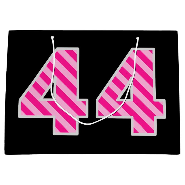Fun Pink Striped "44"; Happy 44th Birthday; Name Large Gift Bag (Front)