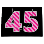 [ Thumbnail: Fun Pink Striped "45"; Happy 45th Birthday; Name Gift Bag ]