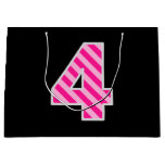 [ Thumbnail: Fun Pink Striped "4"; Happy 4th Birthday; Name Gift Bag ]