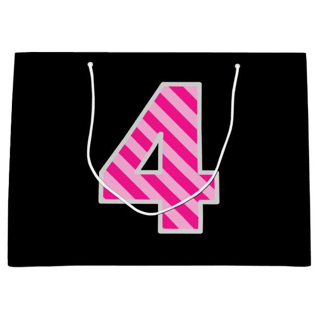 Fun Pink Striped "4"; Happy 4th Birthday; Name Large Gift Bag (Front)