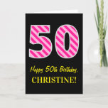 [ Thumbnail: Fun Pink Striped "50"; Happy 50th Birthday; Name Card ]