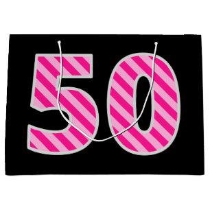Fun Pink Striped "50"; Happy 50th Birthday; Name Large Gift Bag