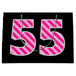 [ Thumbnail: Fun Pink Striped "55"; Happy 55th Birthday; Name Gift Bag ]