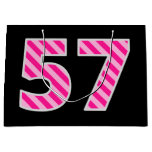 [ Thumbnail: Fun Pink Striped "57"; Happy 57th Birthday; Name Gift Bag ]