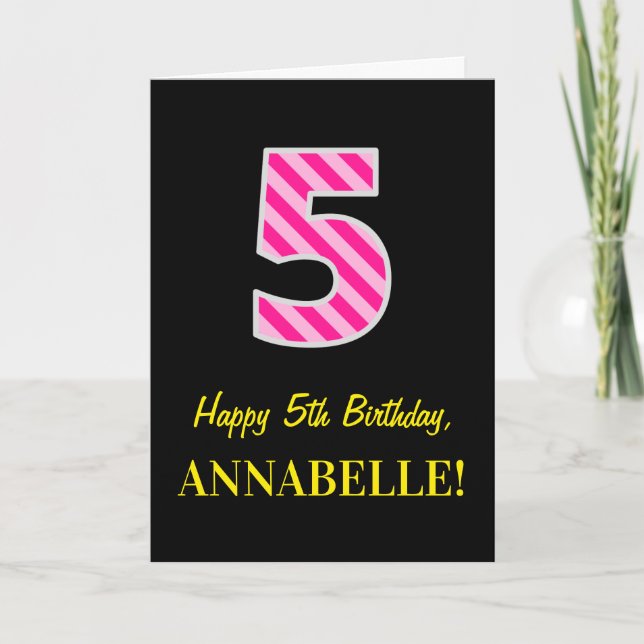 Fun Pink Striped "5"; Happy 5th Birthday; Name Card (Front)