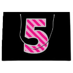 [ Thumbnail: Fun Pink Striped "5"; Happy 5th Birthday; Name Gift Bag ]
