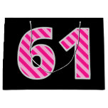 [ Thumbnail: Fun Pink Striped "61"; Happy 61st Birthday; Name Gift Bag ]
