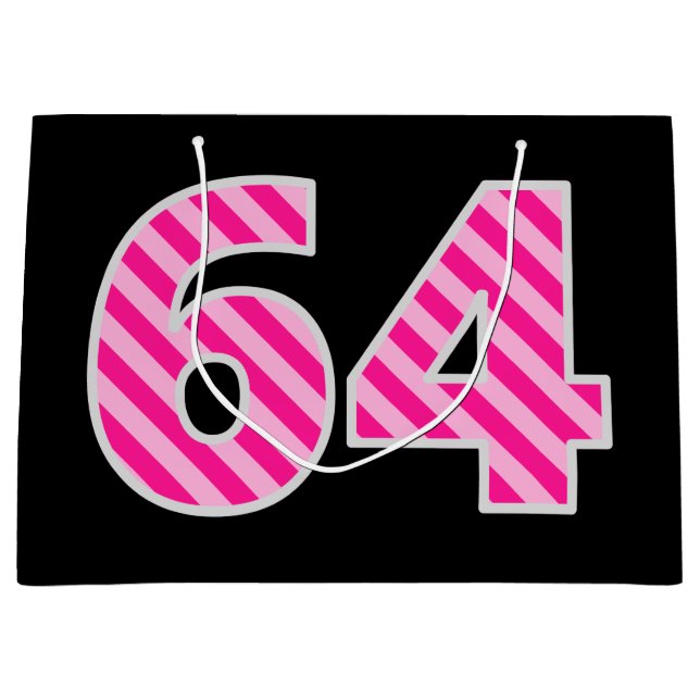 Fun Pink Striped "64"; Happy 64th Birthday; Name Large Gift Bag (Front)