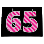 [ Thumbnail: Fun Pink Striped "65"; Happy 65th Birthday; Name Gift Bag ]