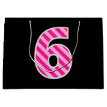 [ Thumbnail: Fun Pink Striped "6"; Happy 6th Birthday; Name Gift Bag ]