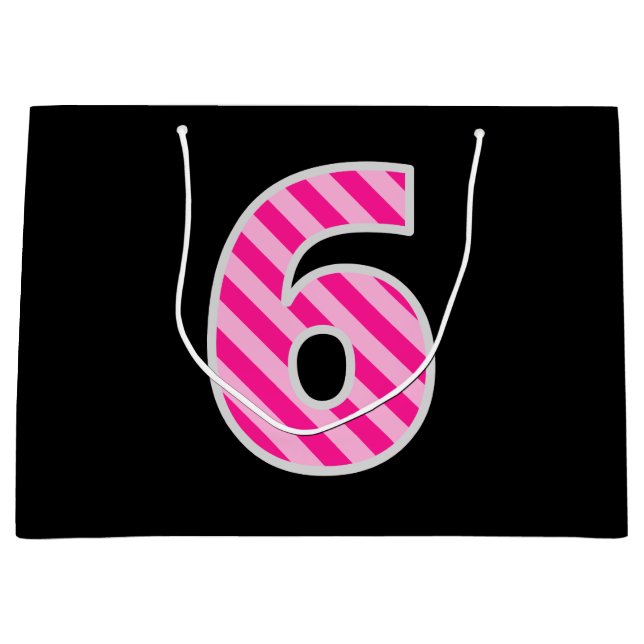 Fun Pink Striped "6"; Happy 6th Birthday; Name Large Gift Bag (Front)