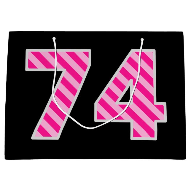Fun Pink Striped "74"; Happy 74th Birthday; Name Large Gift Bag (Front)