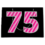 [ Thumbnail: Fun Pink Striped "75"; Happy 75th Birthday; Name Gift Bag ]