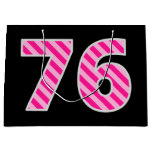 [ Thumbnail: Fun Pink Striped "76"; Happy 76th Birthday; Name Gift Bag ]