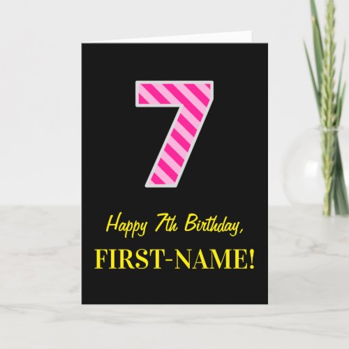 Fun Pink Striped 7 Happy 7th Birthday Name Card