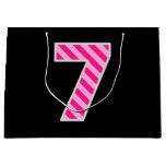 [ Thumbnail: Fun Pink Striped "7"; Happy 7th Birthday; Name Gift Bag ]