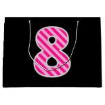 [ Thumbnail: Fun Pink Striped "8"; Happy 8th Birthday; Name Gift Bag ]