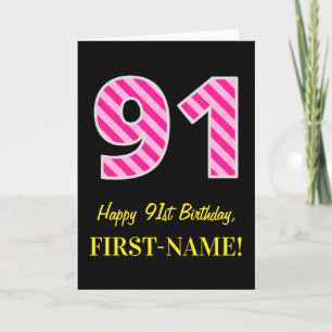 Fun Pink Striped "91"; Happy 91st Birthday; Name Card