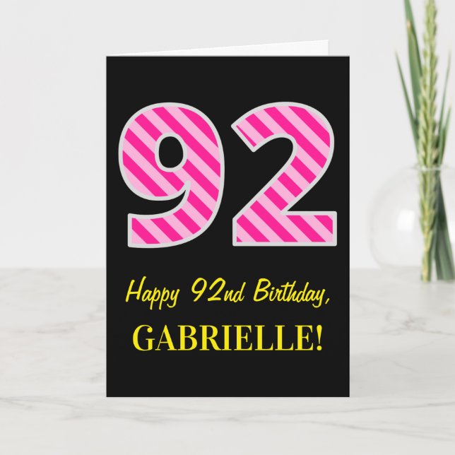 Fun Pink Striped "92"; Happy 92nd Birthday; Name Card (Front)