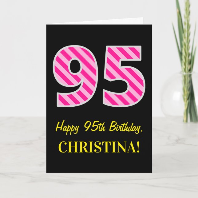 Fun Pink Striped "95"; Happy 95th Birthday; Name Card (Front)