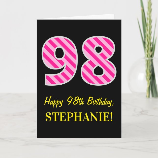 Fun Pink Striped "98"; Happy 98th Birthday; Name Card (Front)