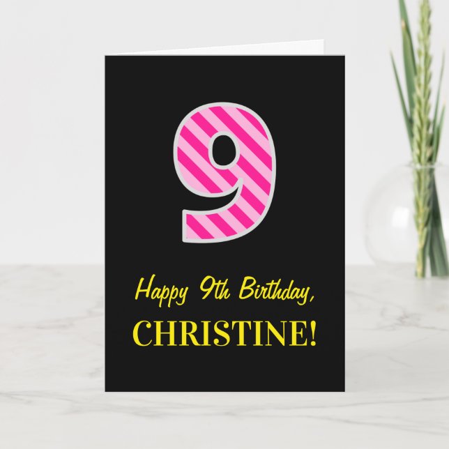 Fun Pink Striped "9"; Happy 9th Birthday; Name Card (Front)
