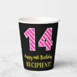 [ Thumbnail: Fun Pink Stripes “14”: Happy 14th Birthday + Name Paper Cups ]