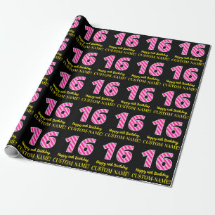 Fun Pink Stripes "16"; Happy 16th Birthday; Name Wrapping Paper