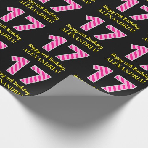 Fun Pink Stripes 17 Happy 17th Birthday Name Wrapping Paper