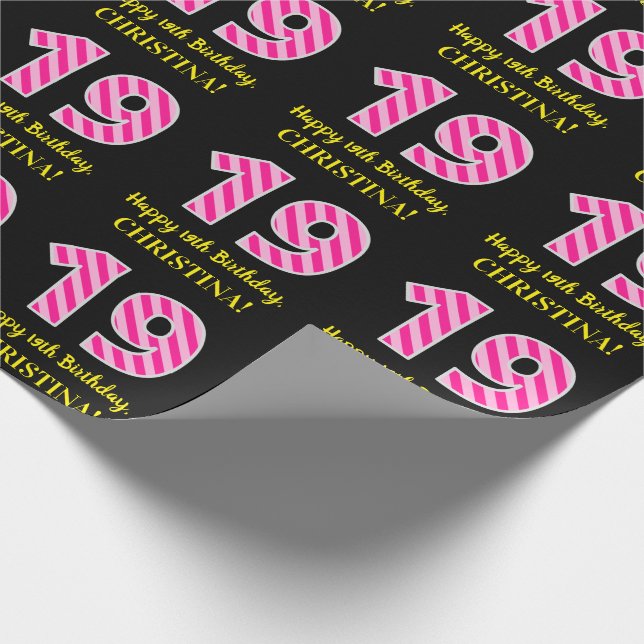 Fun Pink Stripes "19"; Happy 19th Birthday; Name Wrapping Paper (Corner)