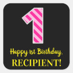 [ Thumbnail: Fun Pink Stripes “1”: Happy 1st Birthday + Name Sticker ]