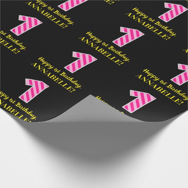 Fun Pink Stripes "1"; Happy 1st Birthday; Name Wrapping Paper (Corner)