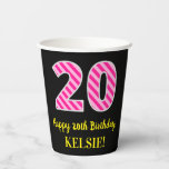 [ Thumbnail: Fun Pink Stripes “20”: Happy 20th Birthday + Name Paper Cups ]