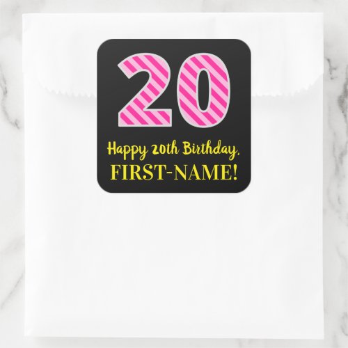 Fun Pink Stripes 20 Happy 20th Birthday  Name Square Sticker