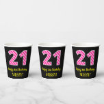 [ Thumbnail: Fun Pink Stripes “21”: Happy 21st Birthday + Name Paper Cups ]