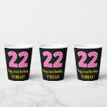 [ Thumbnail: Fun Pink Stripes “22”: Happy 22nd Birthday + Name Paper Cups ]