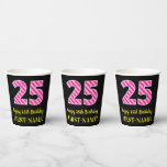 [ Thumbnail: Fun Pink Stripes “25”: Happy 25th Birthday + Name Paper Cups ]