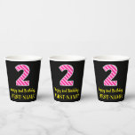 [ Thumbnail: Fun Pink Stripes “2”: Happy 2nd Birthday + Name Paper Cups ]