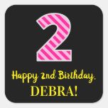[ Thumbnail: Fun Pink Stripes “2”: Happy 2nd Birthday + Name Sticker ]