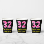 [ Thumbnail: Fun Pink Stripes “32”: Happy 32nd Birthday + Name Paper Cups ]